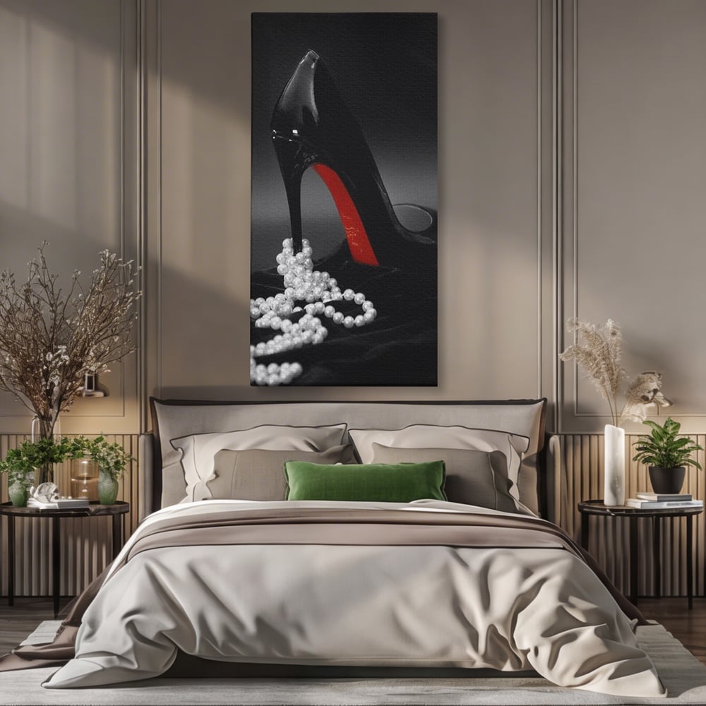 Tablou canvas cu tablou canvas cu pantof si perle, fara rama, pe sasiu de lemn, pe perete intr-un dormitor